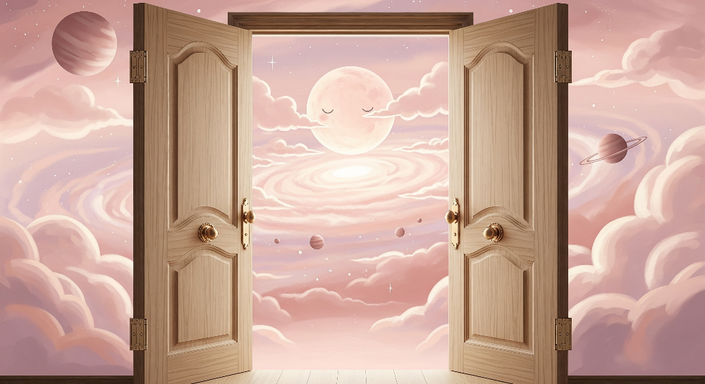 Sleepy Moon Behind Open Doors Wall Mural