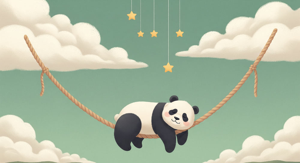 Kids-Mundo flat artwork of a sleepy panda draped over a rope among clouds