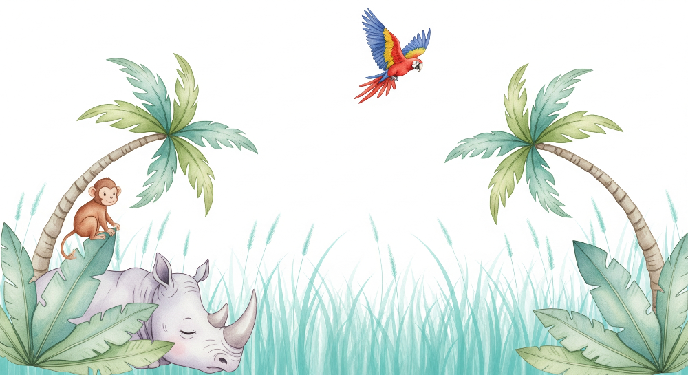 Sleepy Rhino and Monkey Wall Mural