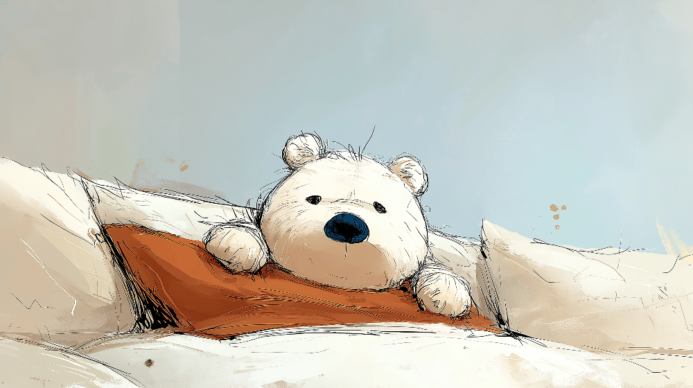Sleepy Teddy Bear in Orange Blanket Wall Mural