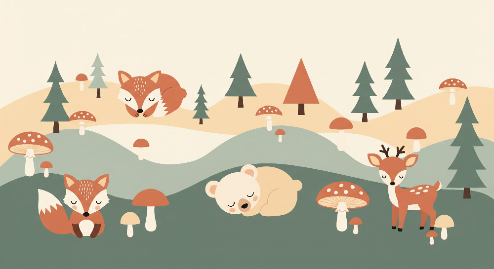 Sleepy Fox, Bear and Deer Woodland Wall Mural