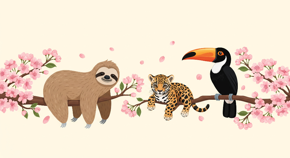 Sloth, Leopard Cub and Toucan Blossom Wall Mural