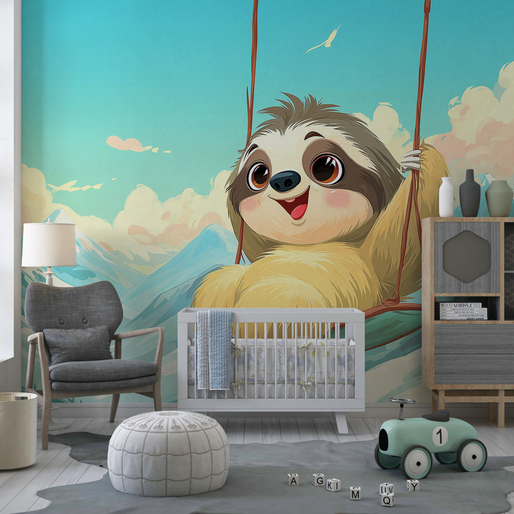 Playful sloth mountain wallpaper creating cozy adventure theme in children's bedroom