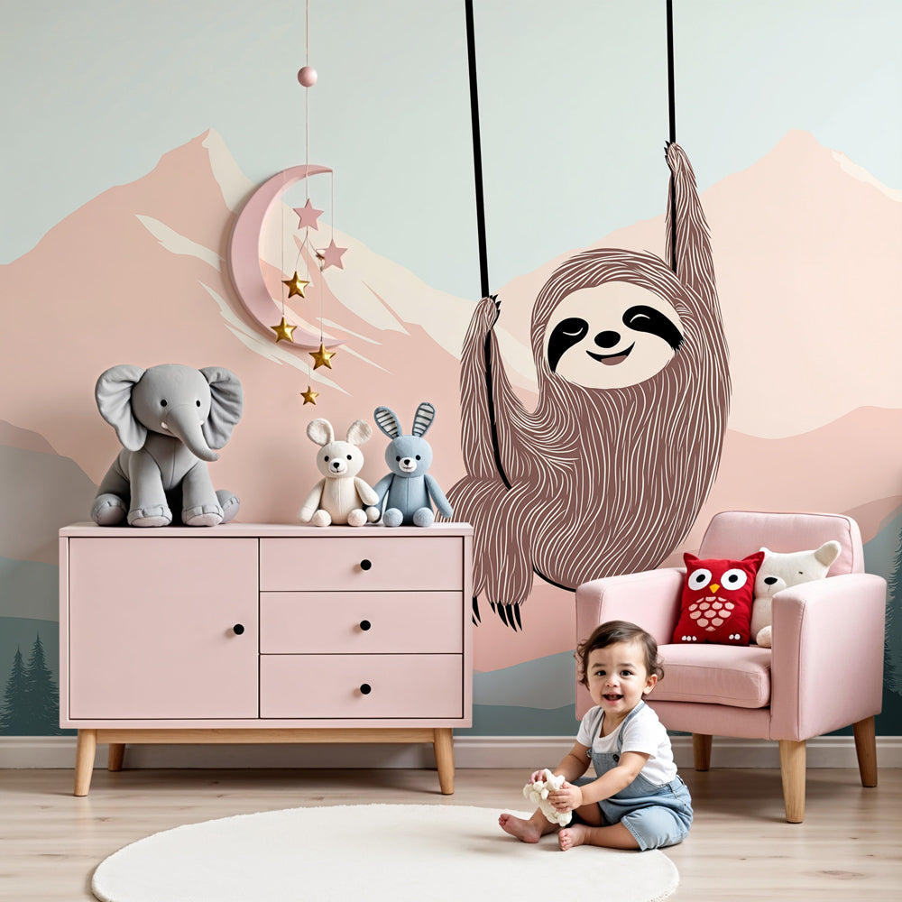 Sloth mountain mural wallpaper creating peaceful nursery decor with soft pink and blue tones by Kids-Mundo