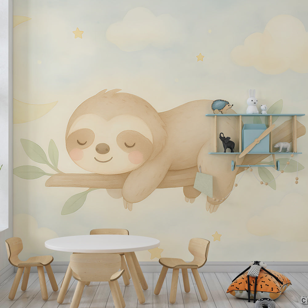 Star-filled sloth wallpaper creating peaceful kids bedroom atmosphere with soft lighting