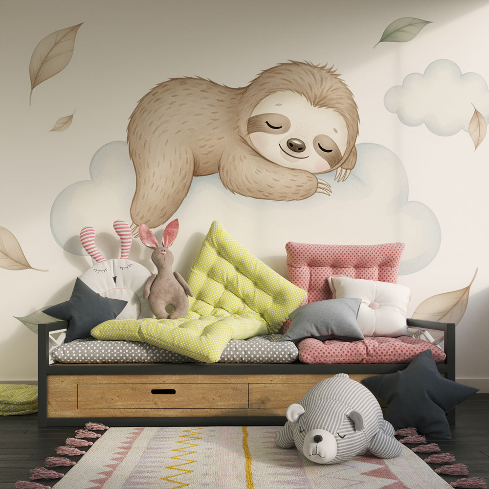 Dreamy sloth cloud wallpaper creating calming atmosphere in children's bedroom