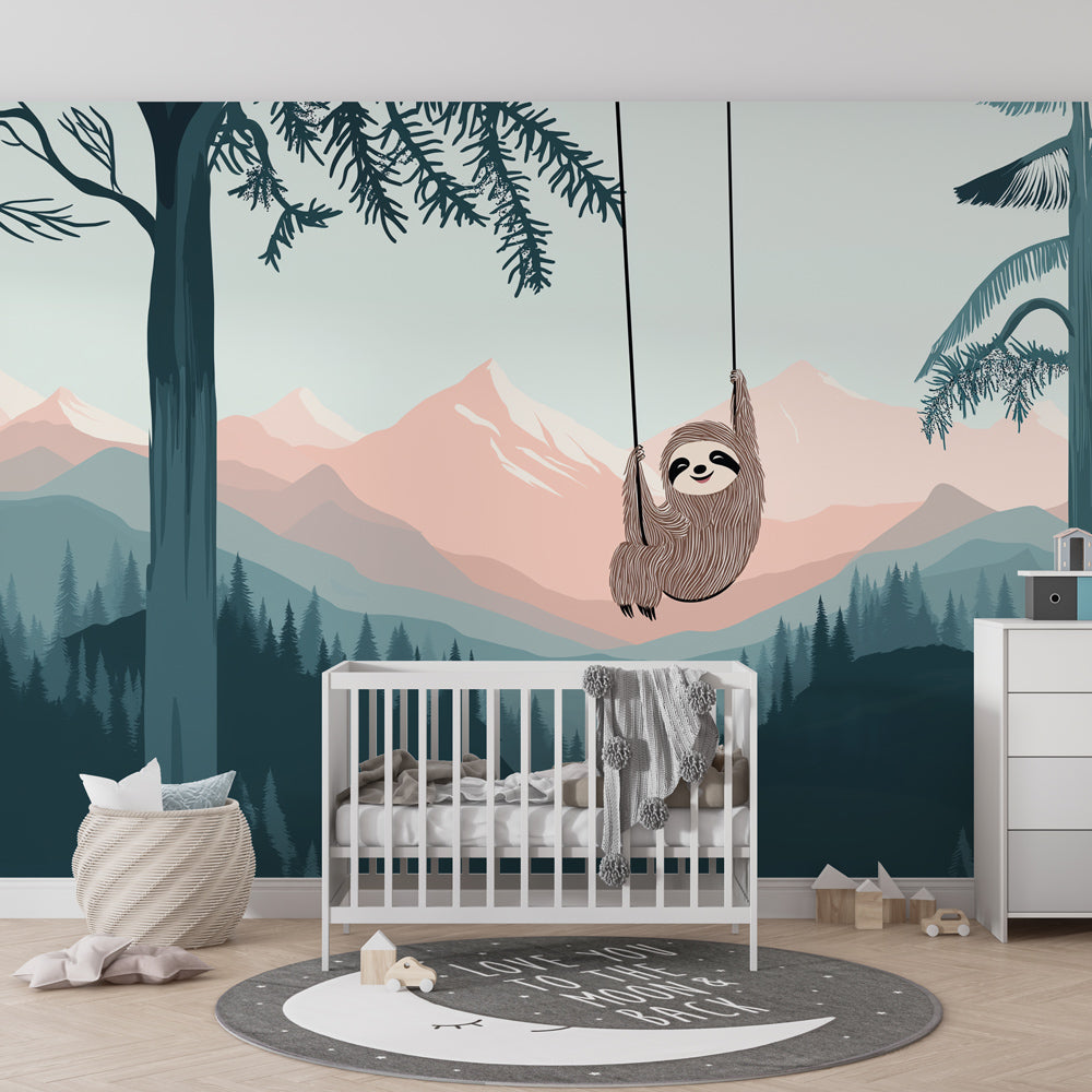 Forest sloth wallpaper with soft blue and pink tones decorating children's bedroom wall