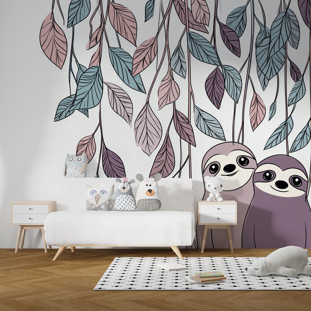 Playful sloth wallpaper in modern kids bedroom with natural wood furniture and soft colors