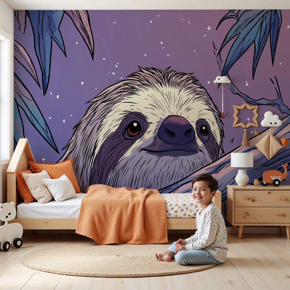 Sloth mural wallpaper creating peaceful jungle nursery atmosphere with starry night theme by Kids-Mundo