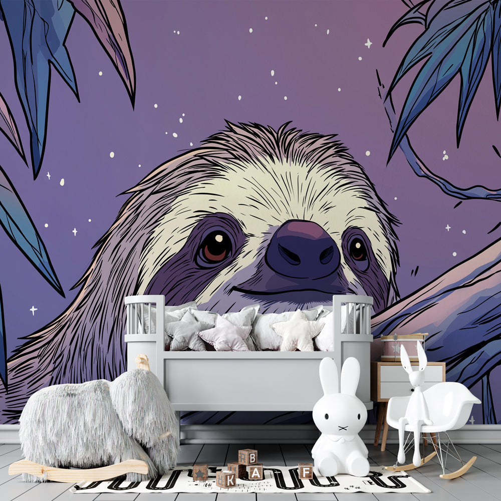 Tropical sloth wallpaper transforming children's bedroom into magical jungle sanctuary