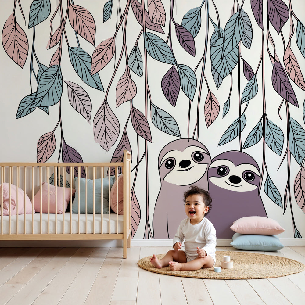 Sloth mural wallpaper creating peaceful nursery atmosphere with delicate foliage by Kids-Mundo