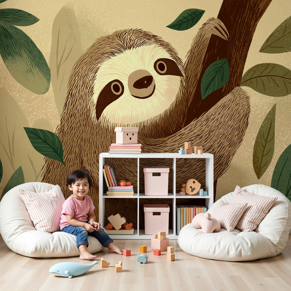 Sloth jungle mural wallpaper creating peaceful nursery decor by Kids-Mundo