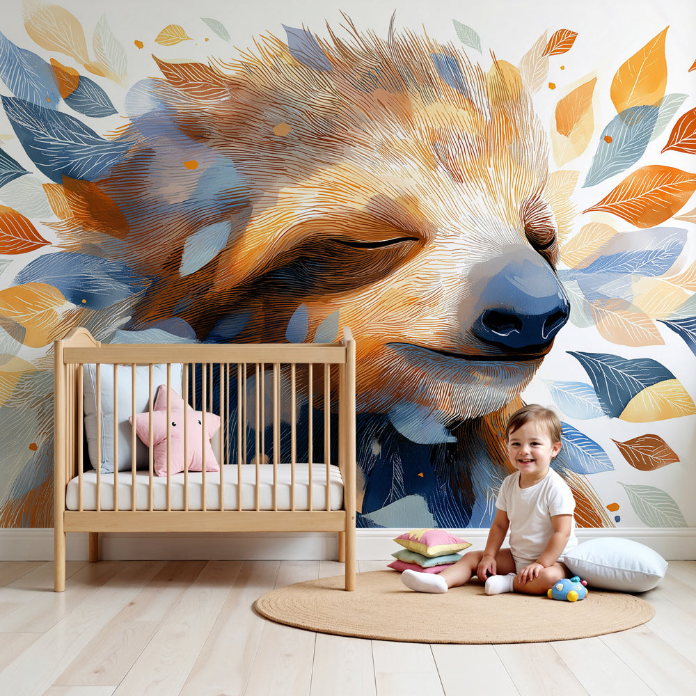 Peaceful sloth mural wallpaper creating calm nursery atmosphere with colorful leaves by Kids-Mundo