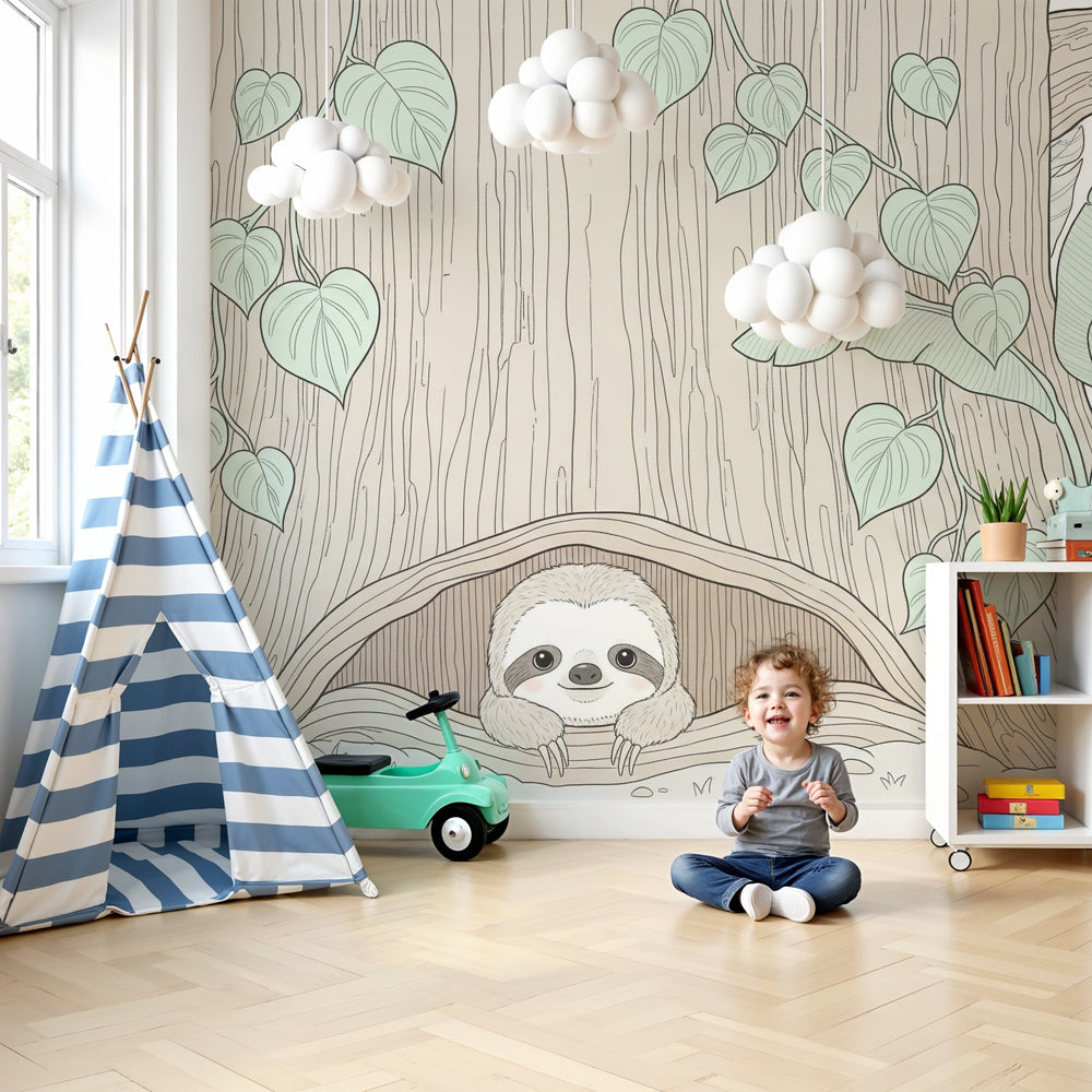 Sloth tree mural wallpaper creating peaceful nursery decor with natural botanical design by Kids-Mundo