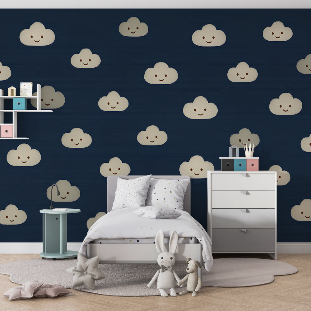 Navy blue smiling clouds wallpaper creating dreamy atmosphere in children's bedroom