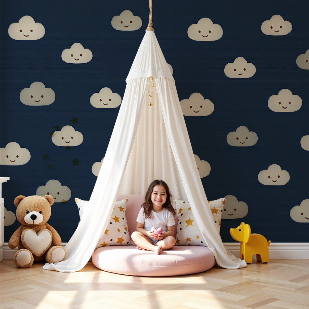 Smiling clouds mural wallpaper on navy background in modern nursery room by Kids-Mundo