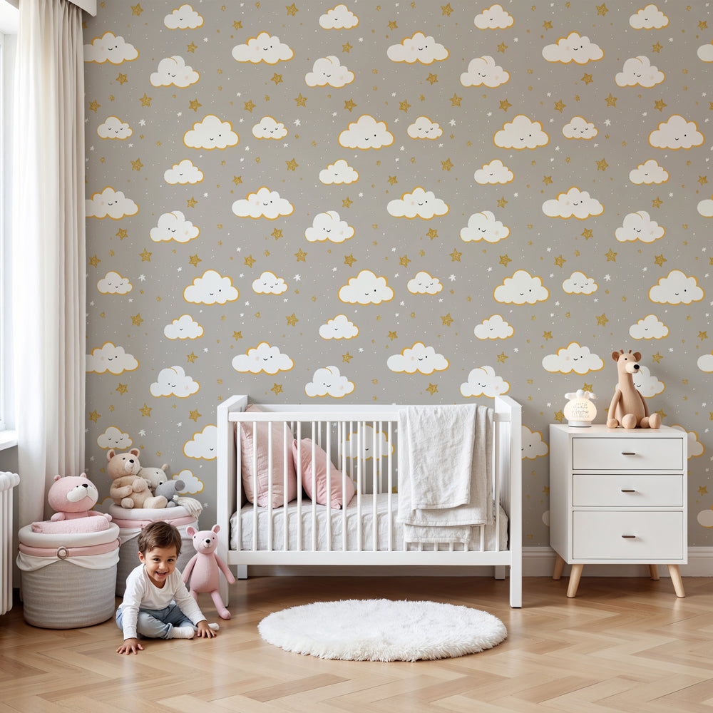Smiling clouds mural wallpaper with gold stars creating dreamy nursery atmosphere by Kids-Mundo