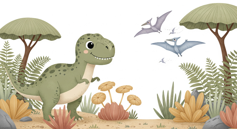 Smiling T-Rex and Pterodactyls Wall Mural