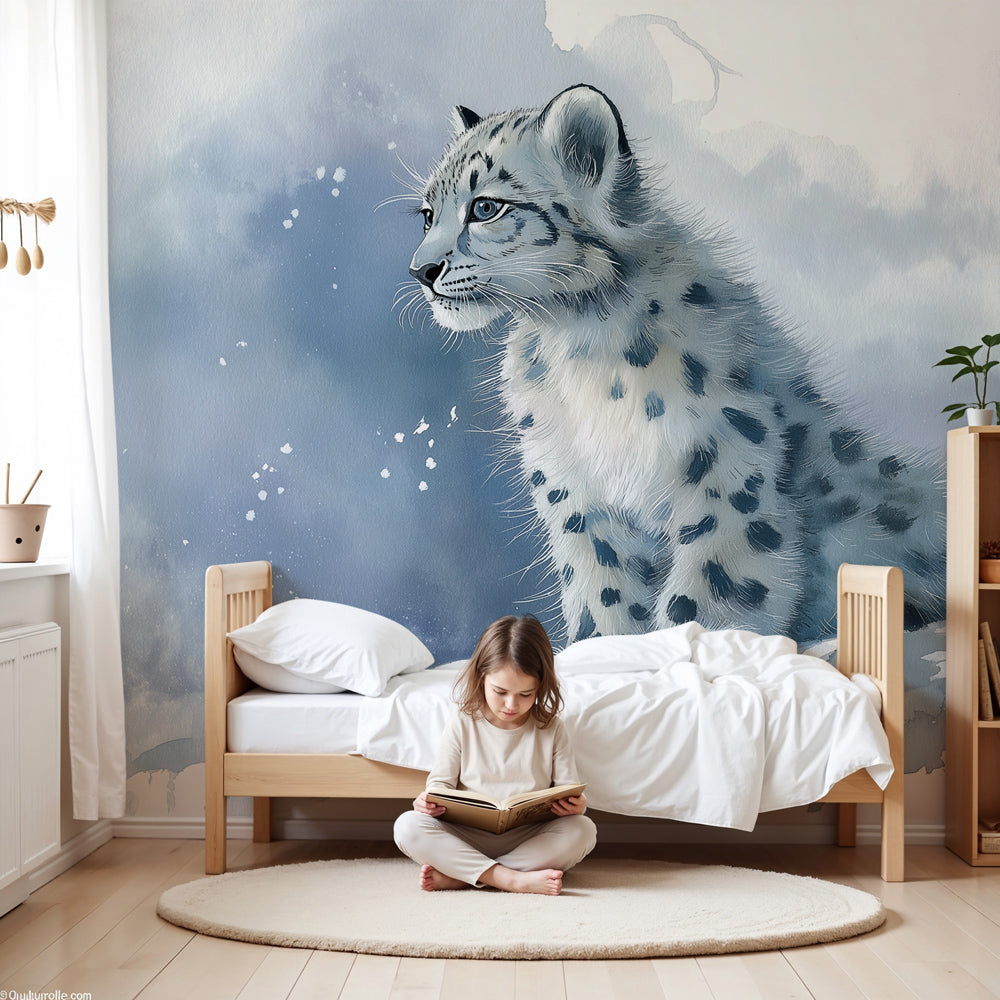 Snow leopard mural wallpaper creating magical winter atmosphere in modern kids nursery by Kids-Mundo
