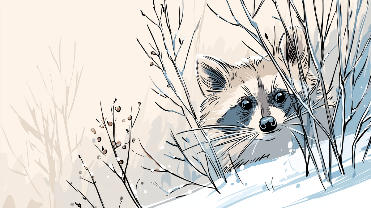 Snowy Raccoon in Winter Branches Wall Mural