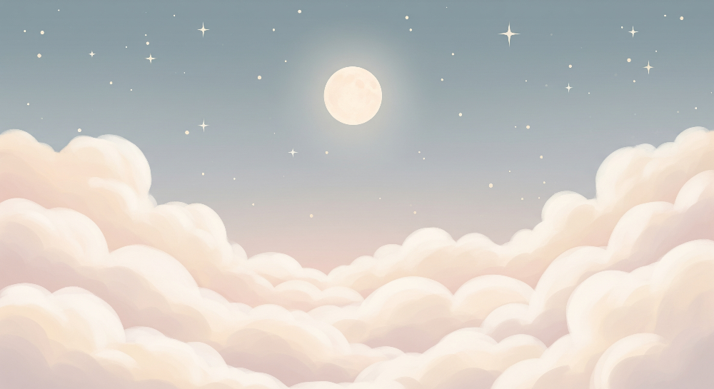 Flat artwork preview of the Kids-Mundo soft moon and clouds starry sky wall mural