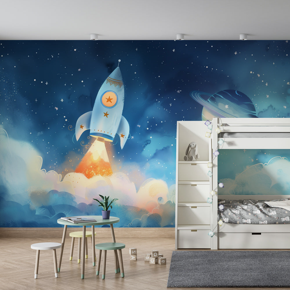 Blue space rocket wallpaper creating cosmic atmosphere in children's bedroom decor