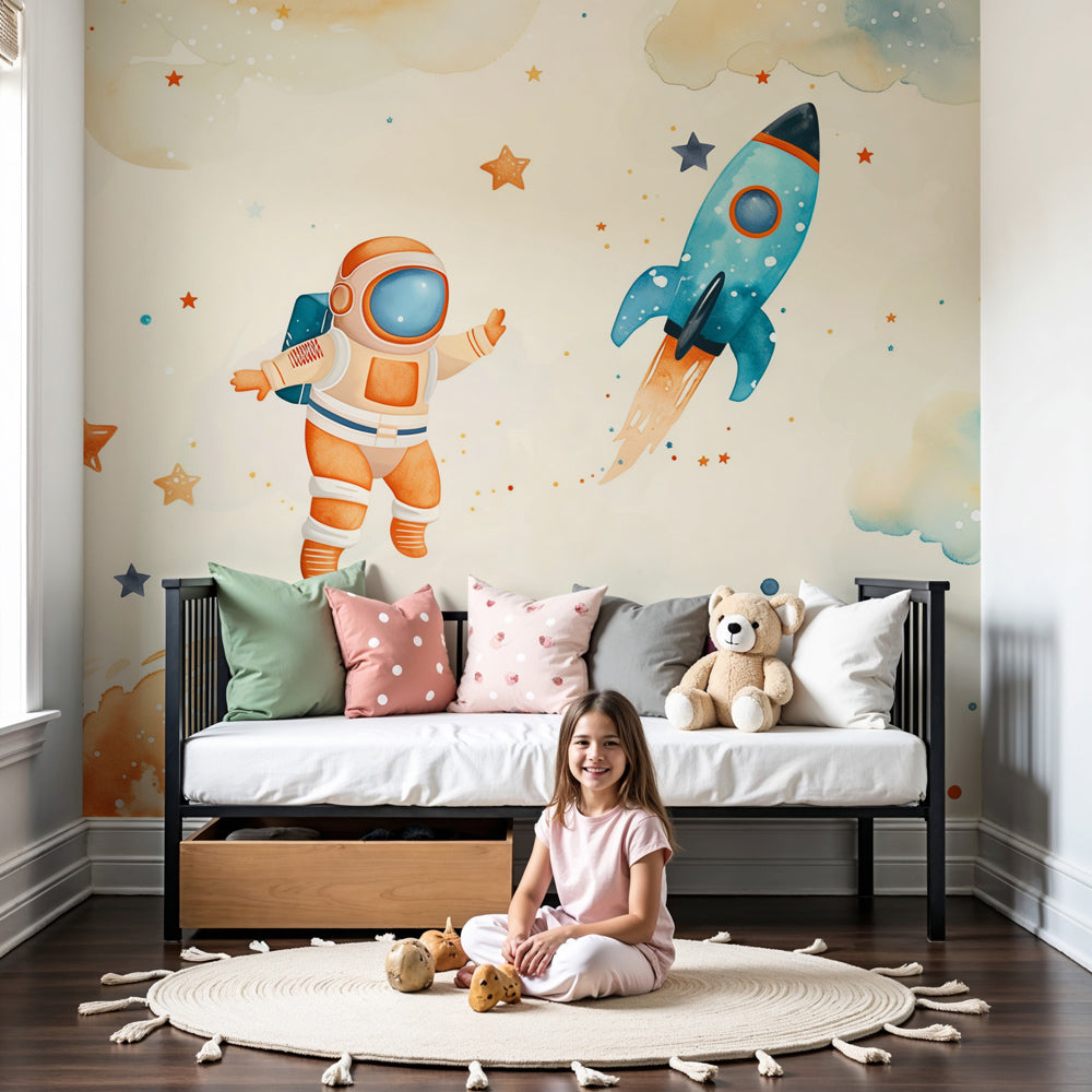 Space adventure mural wallpaper with astronauts and rockets in modern nursery by Kids-Mundo