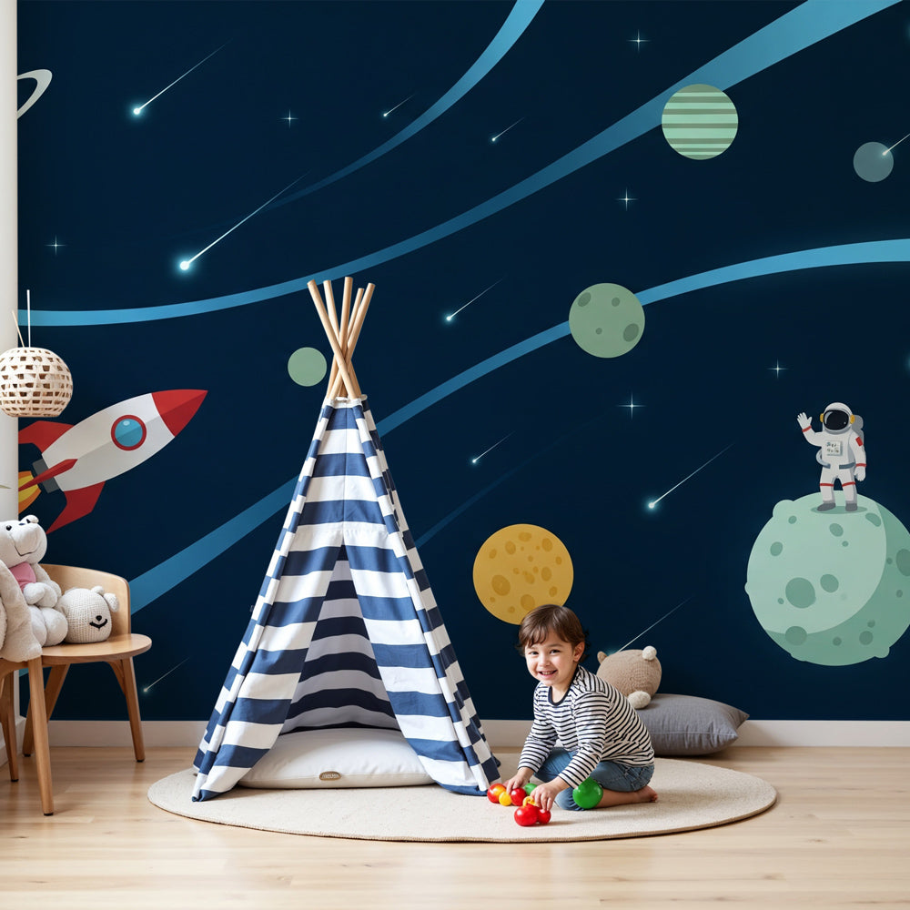 Space adventure mural wallpaper with astronaut and rocket in modern nursery by Kids-Mundo