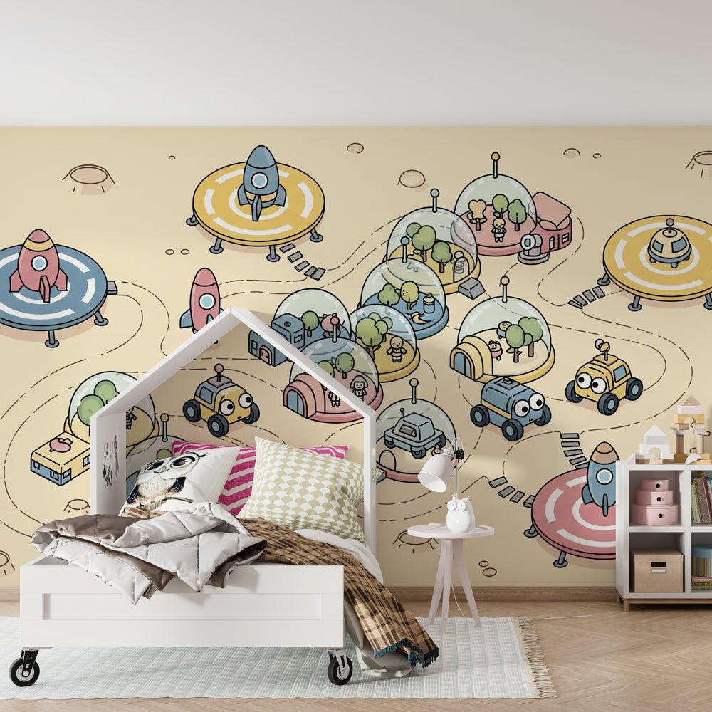 Intergalactic themed mural wallpaper creating magical nursery decor with space vehicles and planets