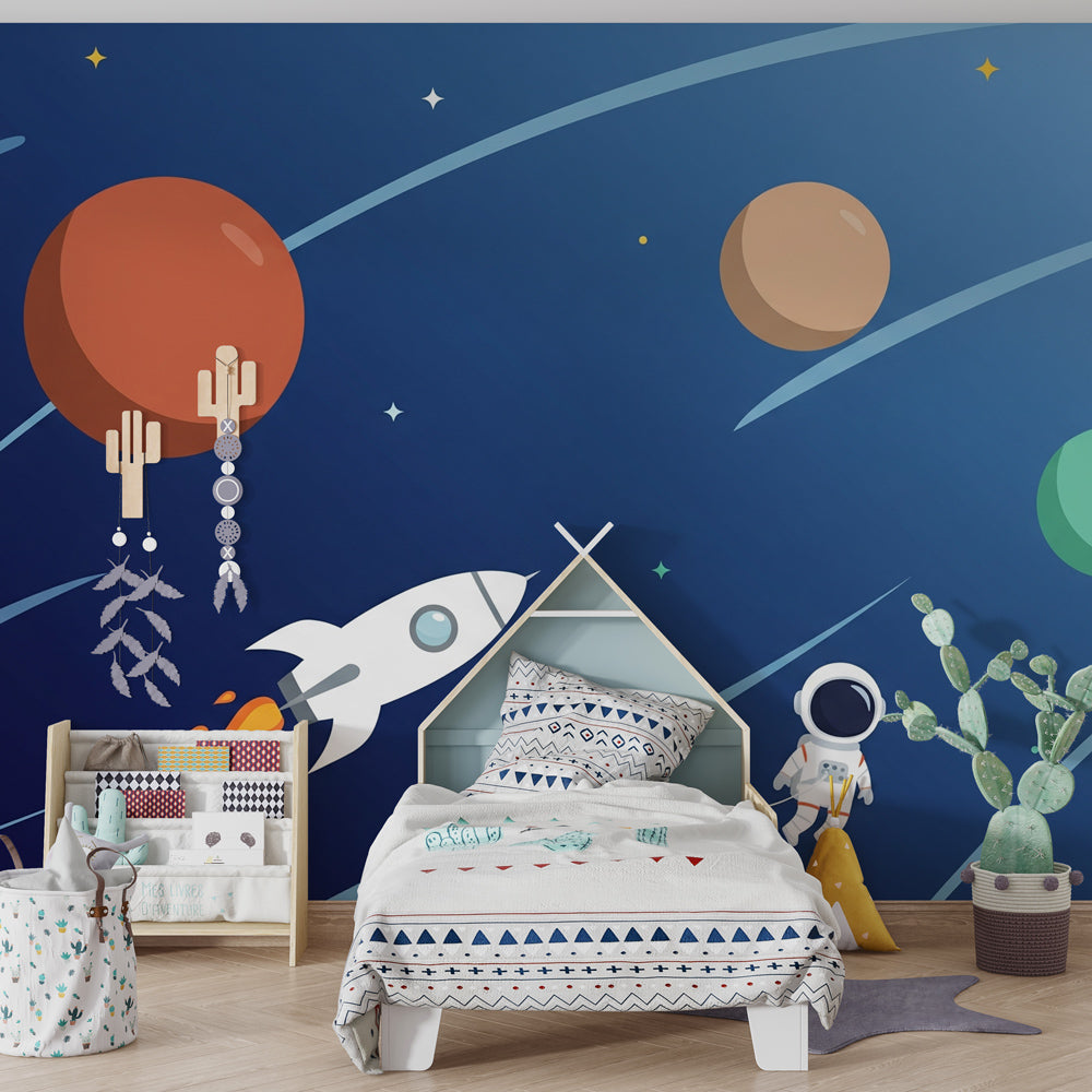 Astronaut space wallpaper creating cosmic nursery decor with colorful planets and stars
