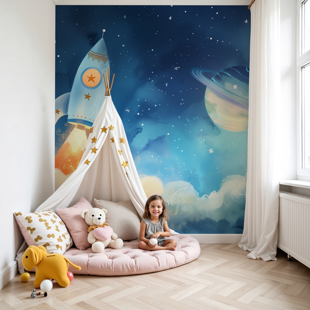 Space adventure mural wallpaper with rockets and planets decorating modern nursery room by Kids-Mundo