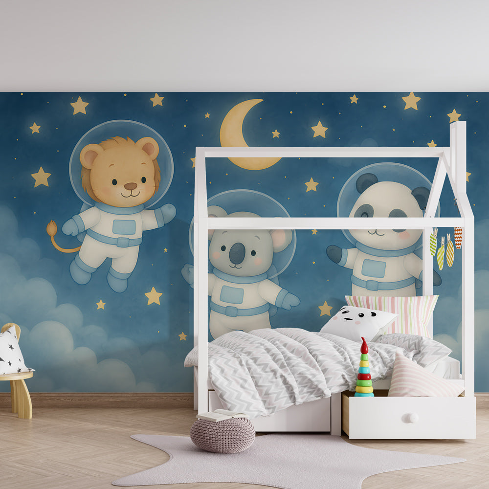 Astronaut animal wallpaper creating magical space adventure atmosphere in kids bedroom