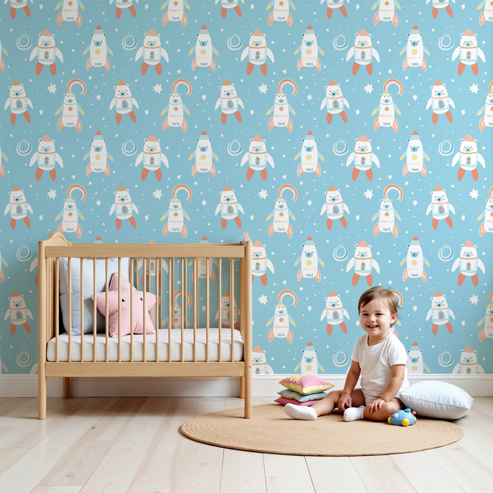 Space bear astronaut mural wallpaper decorating modern kids nursery room by Kids-Mundo