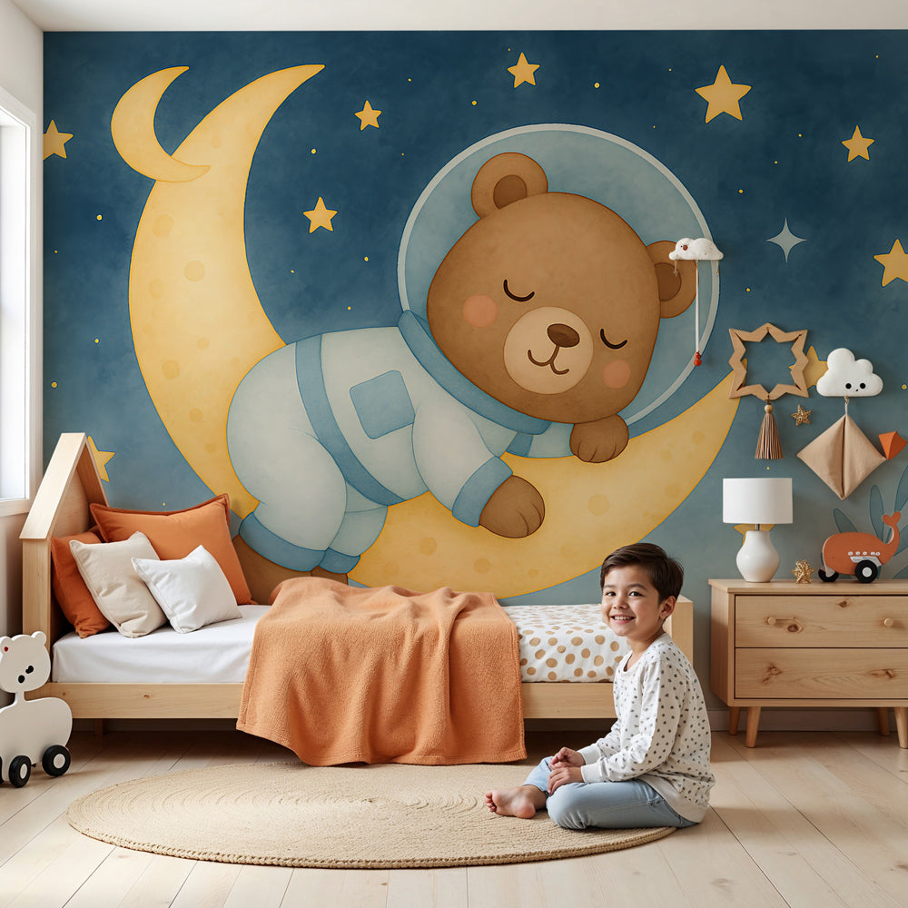 Space bear astronaut mural wallpaper in modern nursery setting by Kids-Mundo