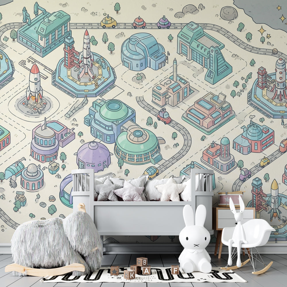 Playful space themed mural wallpaper transforming kids bedroom into galactic adventure by Kids-Mundo