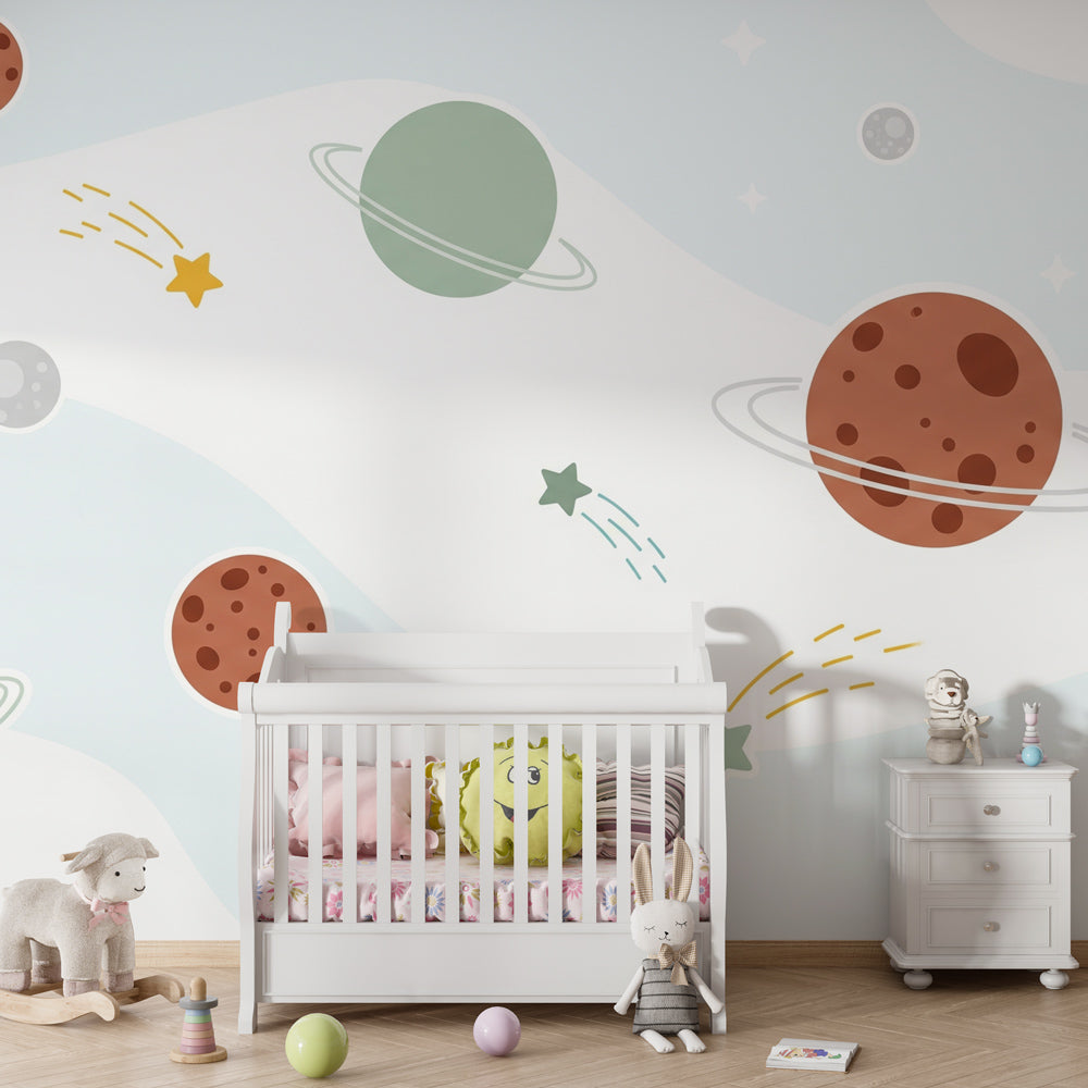Cosmic space wallpaper creating dreamy atmosphere in children's bedroom decor
