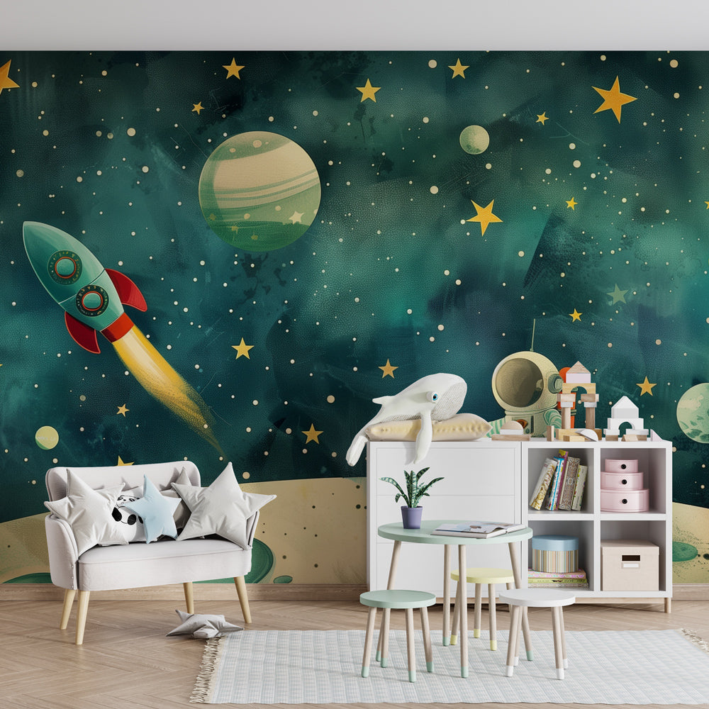Retro astronaut rocket mural wallpaper creating adventurous atmosphere in children's bedroom