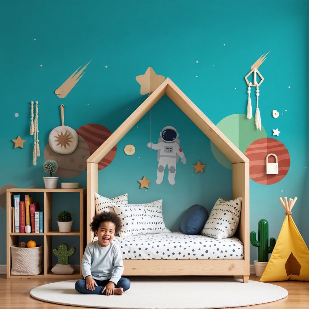 Space explorer astronaut mural wallpaper in modern kids nursery room by Kids-Mundo