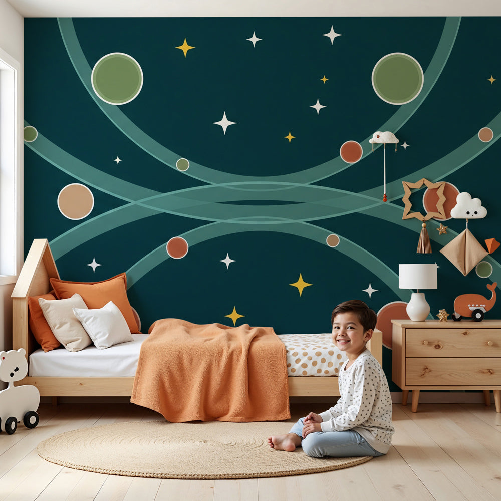 Space galaxy mural wallpaper with planets and stars in modern kids bedroom by Kids-Mundo