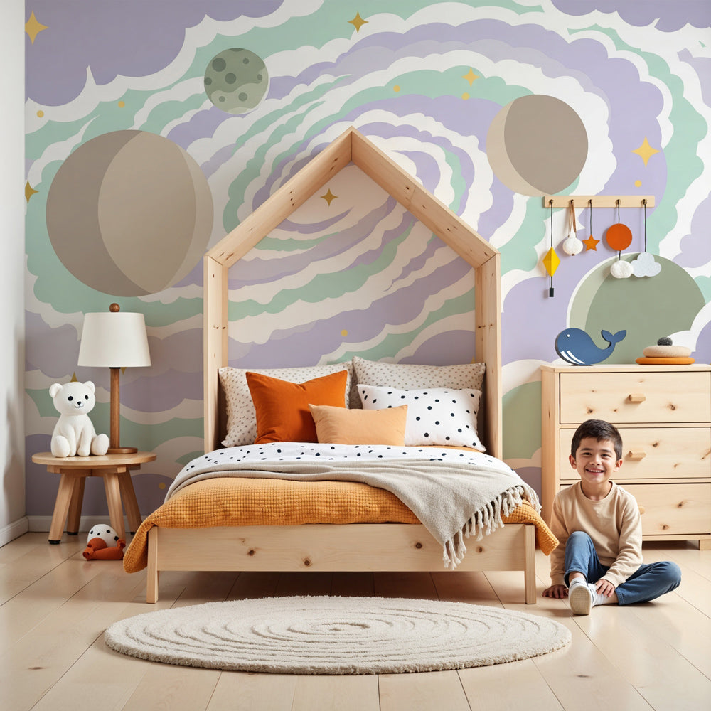 Space galaxy mural wallpaper creating magical intergalactic bedroom decor for children by Kids-Mundo