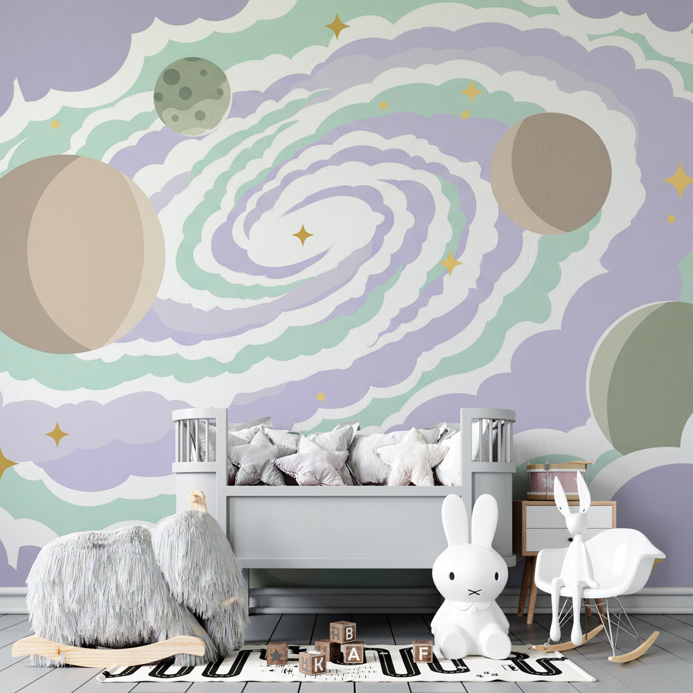 Colorful planets and stars galaxy wallpaper transforming nursery into cosmic adventure space