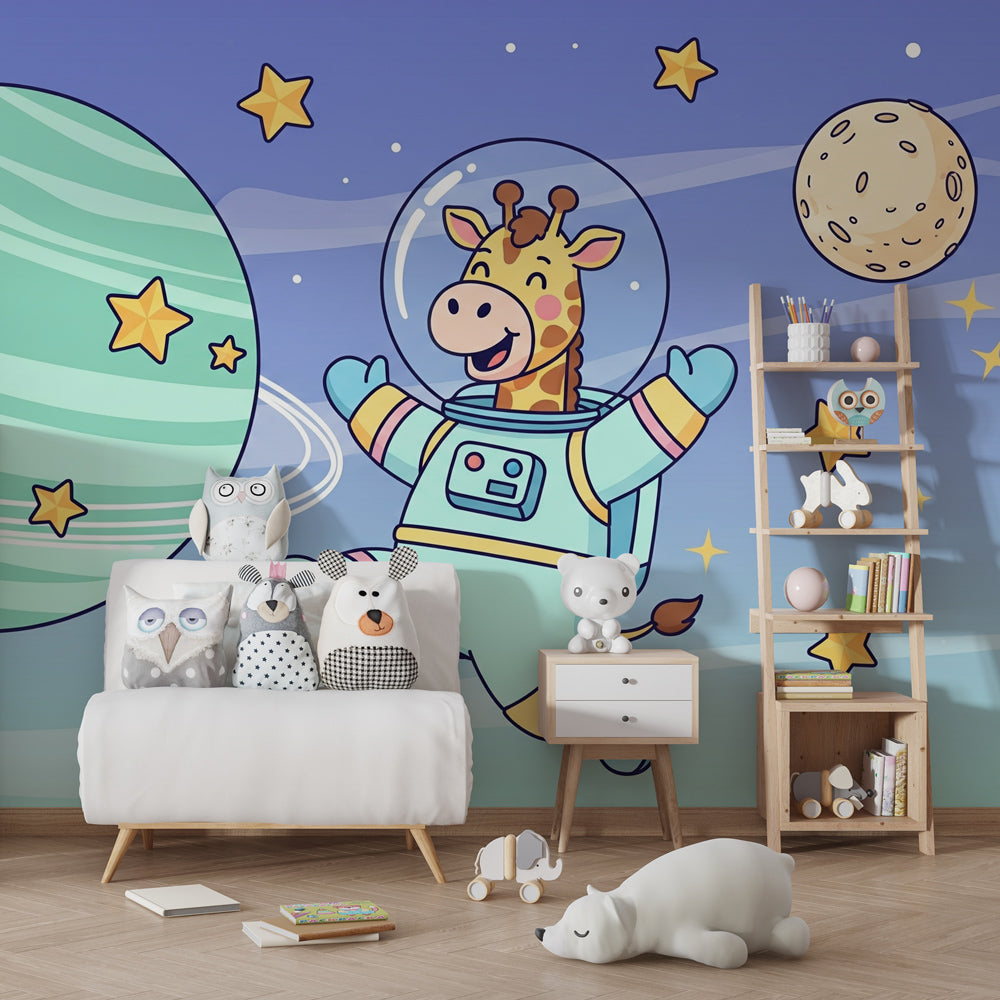Giraffe astronaut wallpaper creating dreamy space atmosphere in children's bedroom decor