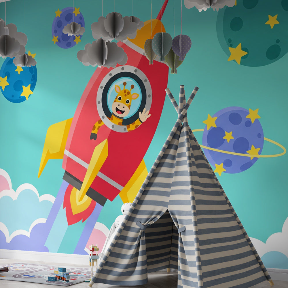 Colorful space adventure mural wallpaper with giraffe astronaut in kids bedroom by Kids-Mundo