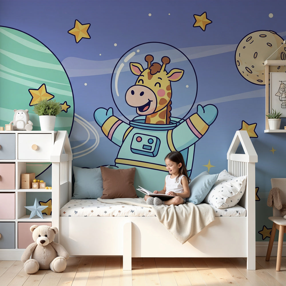 Space giraffe astronaut mural wallpaper in modern nursery room with cosmic theme by Kids-Mundo