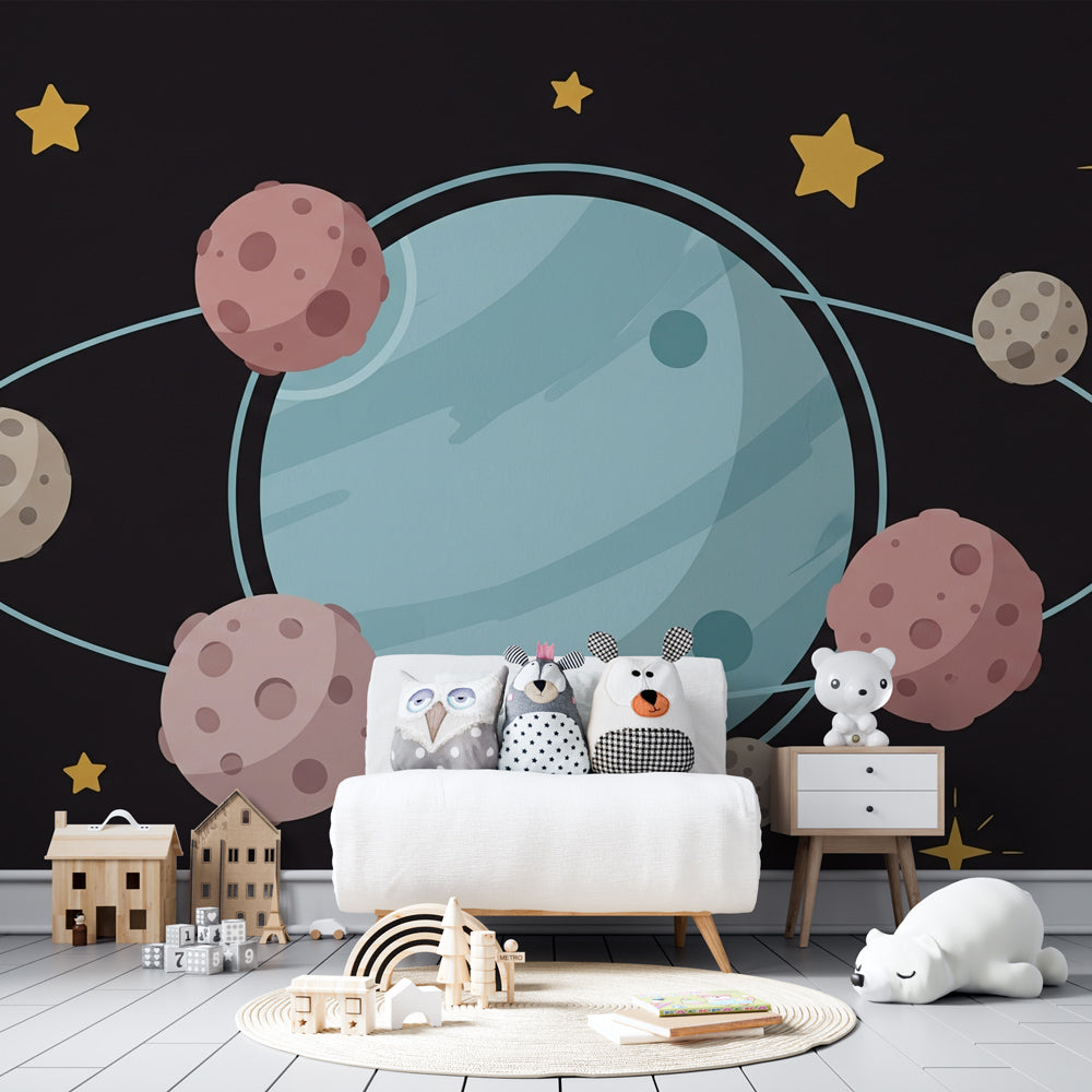 Colorful space wallpaper with planets and moons decorating modern children's bedroom by Kids-Mundo