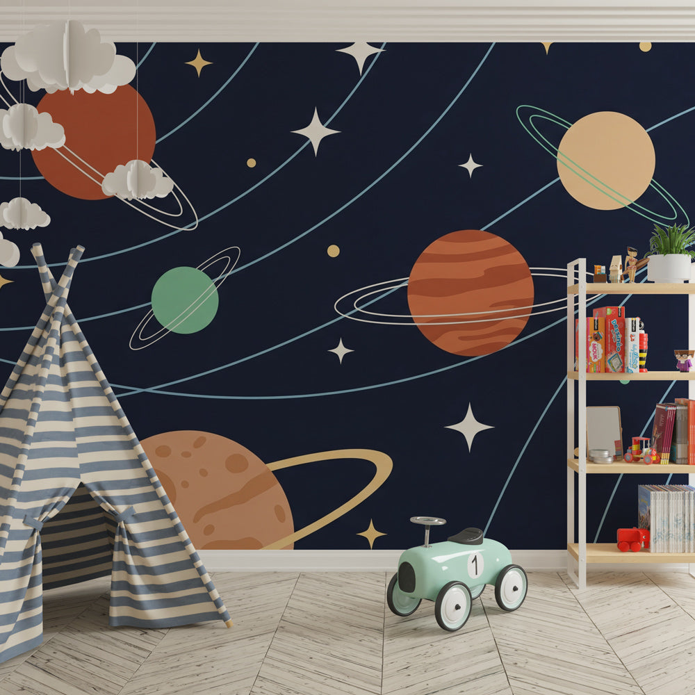 Interstellar adventure wallpaper creating cosmic atmosphere in children's bedroom decor