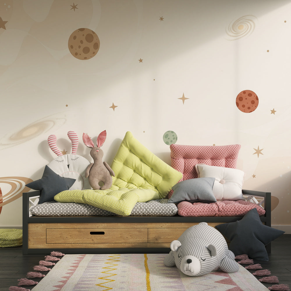 Colorful universe mural wallpaper creating magical space-themed kids bedroom atmosphere