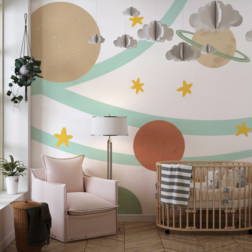 Colorful galaxy mural wallpaper creating cosmic atmosphere in children's bedroom