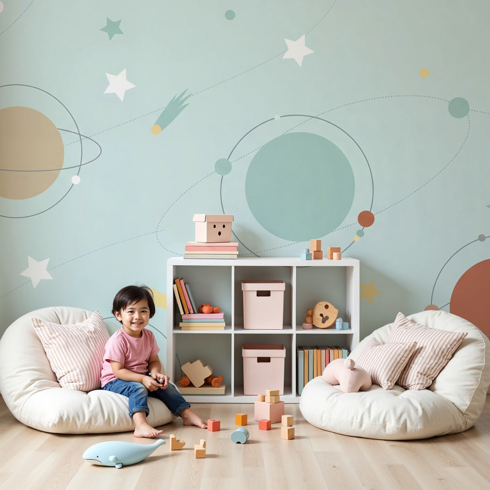 Space planets mural wallpaper creating cosmic nursery decor with pastel galaxy design by Kids-Mundo