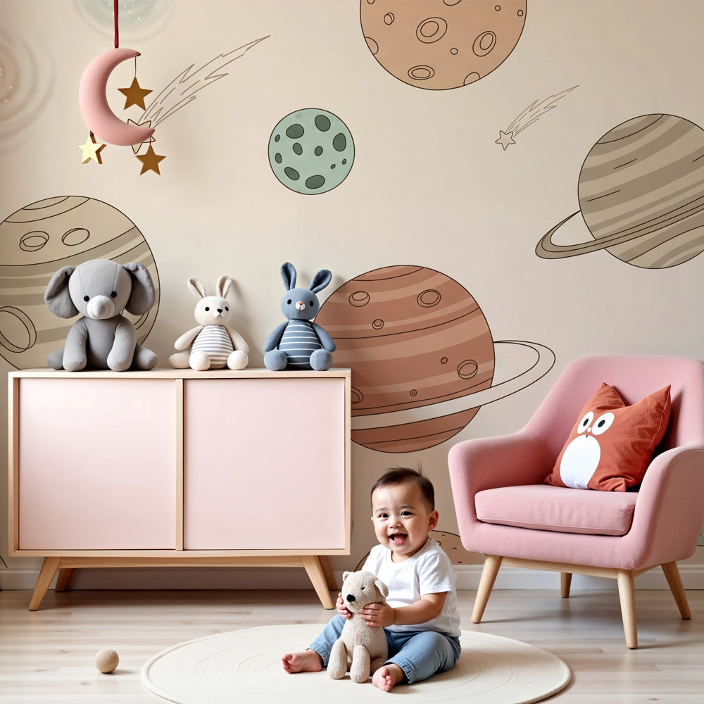 Space planets mural wallpaper in modern nursery with colorful cosmic design by Kids-Mundo
